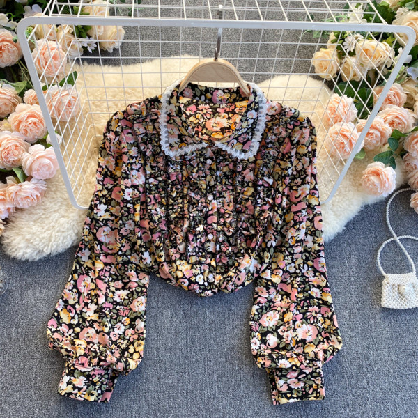 Modern női ing virágmintás klasszikus gallérral, csipkével