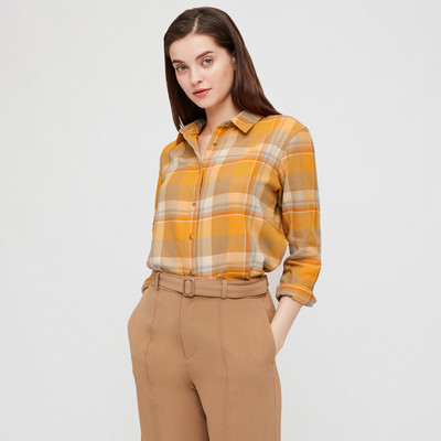 Γυναικείο casual καρό πουκάμισο με κουμπιά και κλασικό κολάρο σε κίτρινο χρώμα