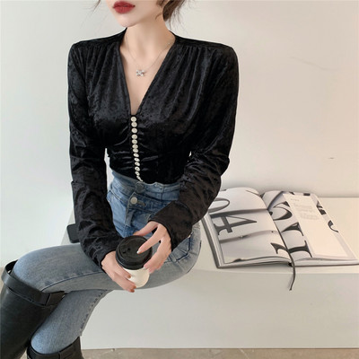 Őszi női bársony ing gombokkal