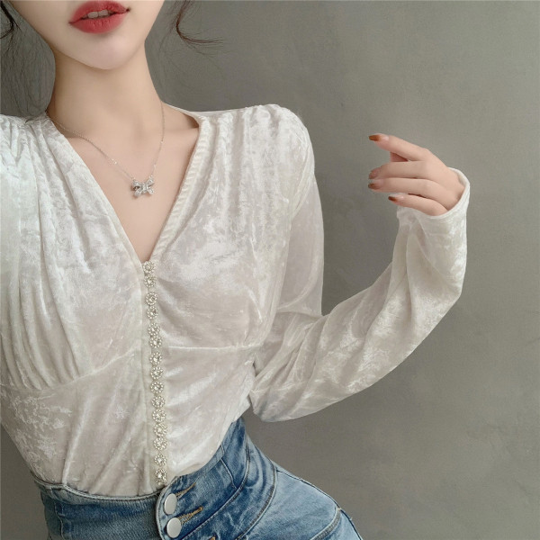 Őszi női bársony ing gombokkal