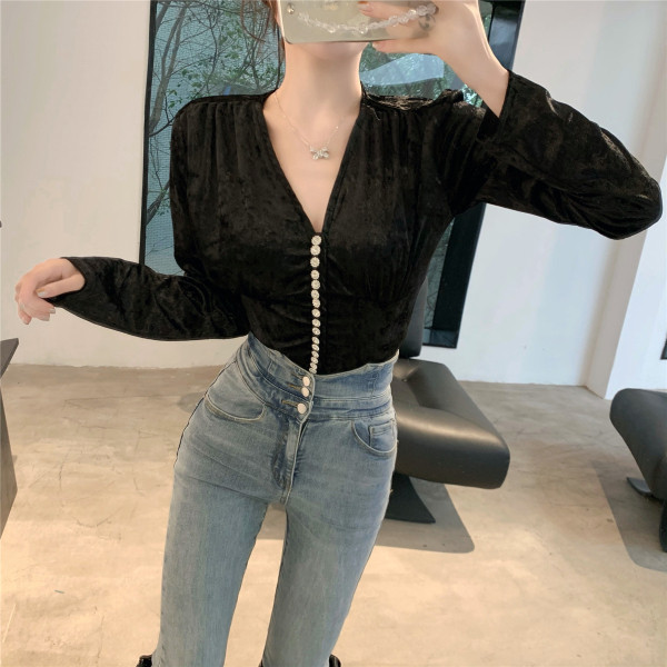 Őszi női bársony ing gombokkal