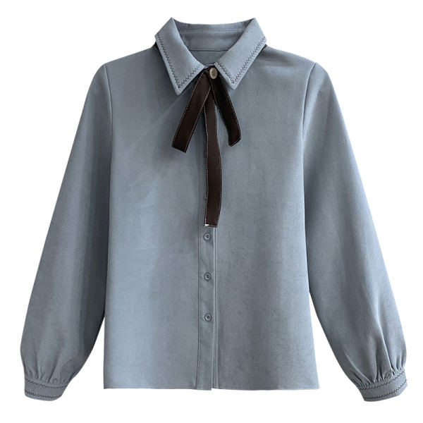 Rudens-žiemos moteriški marškiniai su klasikine mėlynos ir smėlio spalvos apykakle