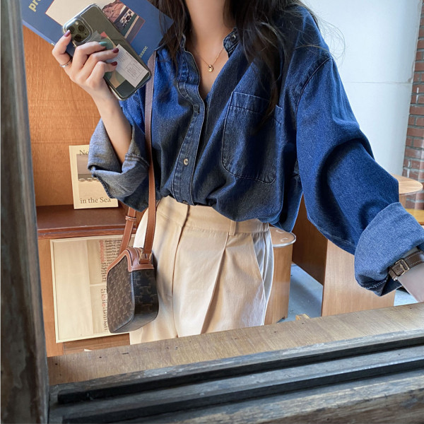 Új modell női farmer ing kék zsebbel