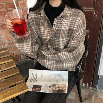 Ежедневна дамска карирана риза-с класическа яка и дълъг ръкав