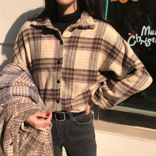 Ежедневна дамска карирана риза-с класическа яка и дълъг ръкав