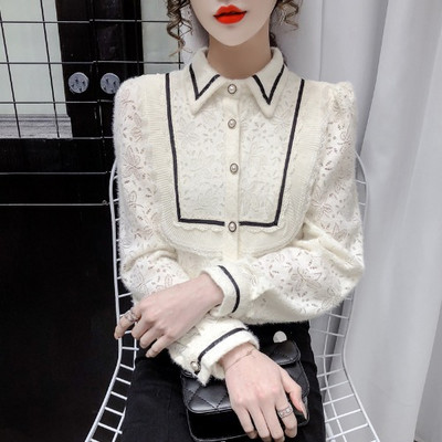 Női csipke ing klasszikus gallérral és gyöngygombokkal