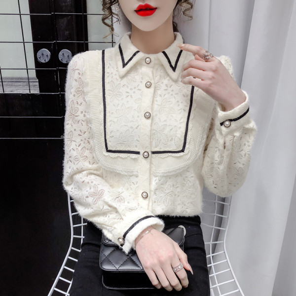 Női csipke ing klasszikus gallérral és gyöngygombokkal