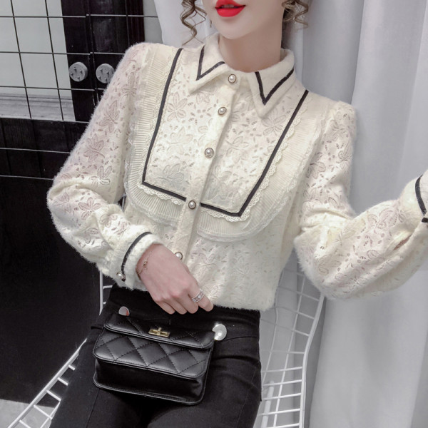 Női csipke ing klasszikus gallérral és gyöngygombokkal