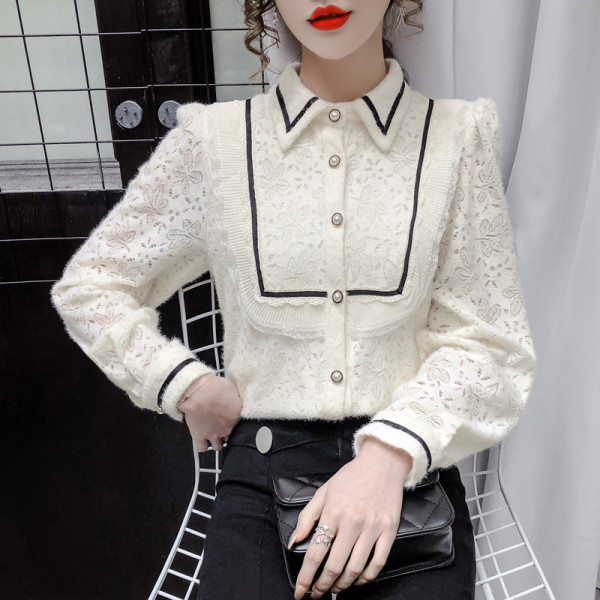 Női csipke ing klasszikus gallérral és gyöngygombokkal