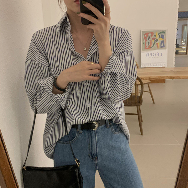 Γυναικείο ριγέ πουκάμισο με κλασικό κολάρο και κουμπιά σε δύο χρώματα