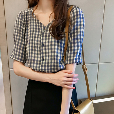 Γυναικείο πουκάμισο καρό με κουμπιά και 3/4 μανίκια