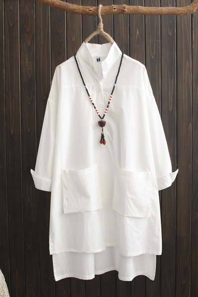 Модерна дамска дълга риза с класическа яка и джобове 