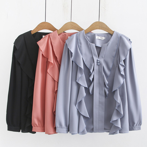 Дамска ежедневна риза с къдри и дълъг ръкав 