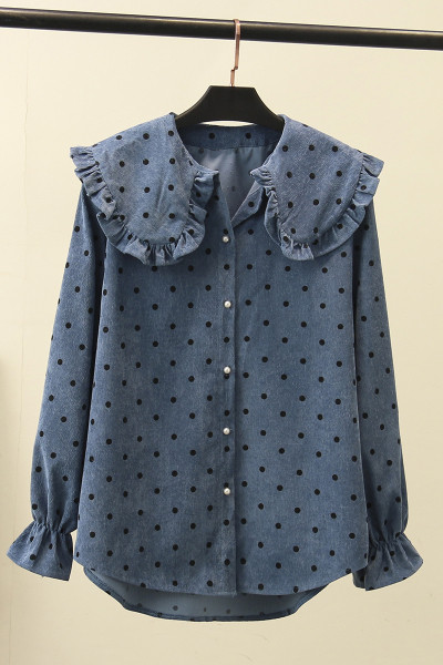 Női alkalmi ing pöttyökkel és gombokkal bézs és kék színben