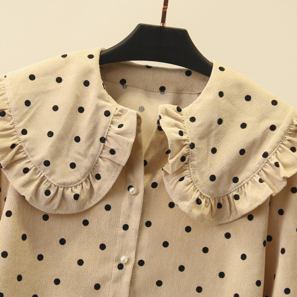 Női alkalmi ing pöttyökkel és gombokkal bézs és kék színben