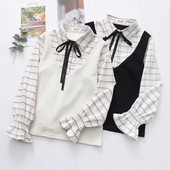 Ежедневна карирана дамска риза с лотос ръкав и връзки