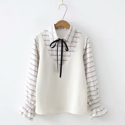 Ежедневна карирана дамска риза с лотос ръкав и връзки