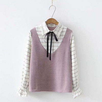 Ежедневна карирана дамска риза с лотос ръкав и връзки