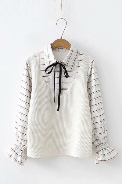 Ежедневна карирана дамска риза с лотос ръкав и връзки