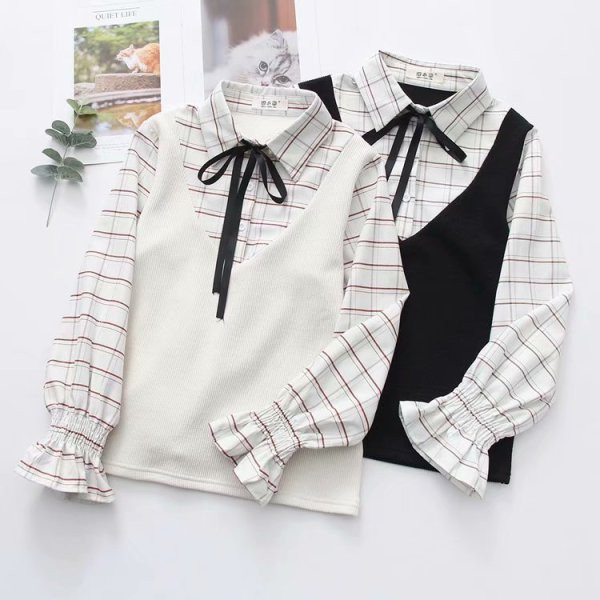 Ежедневна карирана дамска риза с лотос ръкав и връзки