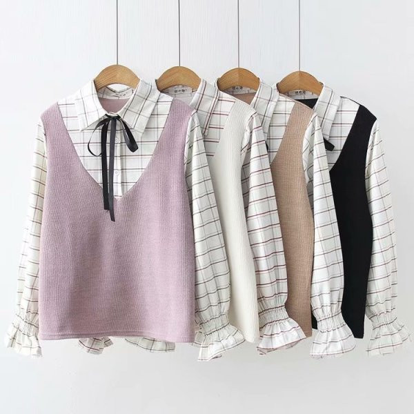 Ежедневна карирана дамска риза с лотос ръкав и връзки