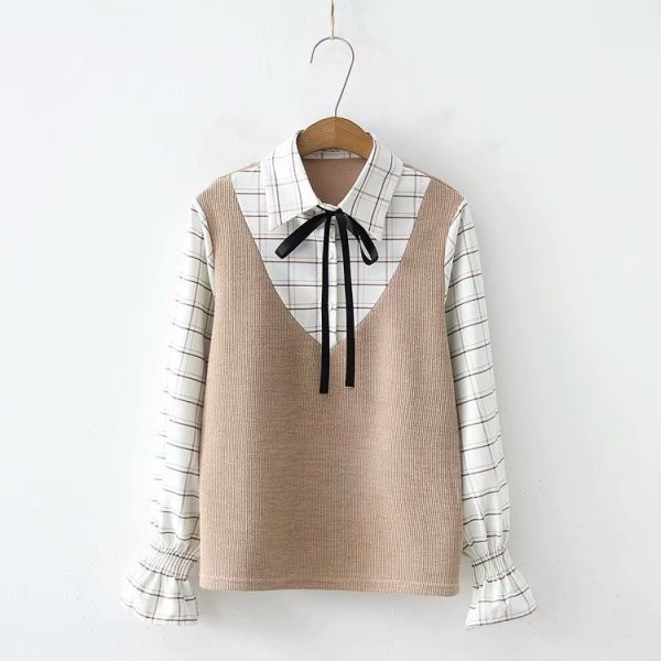 Ежедневна карирана дамска риза с лотос ръкав и връзки