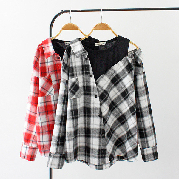 Naiste vabaaja ruuduline särk nööpide ja taskuga