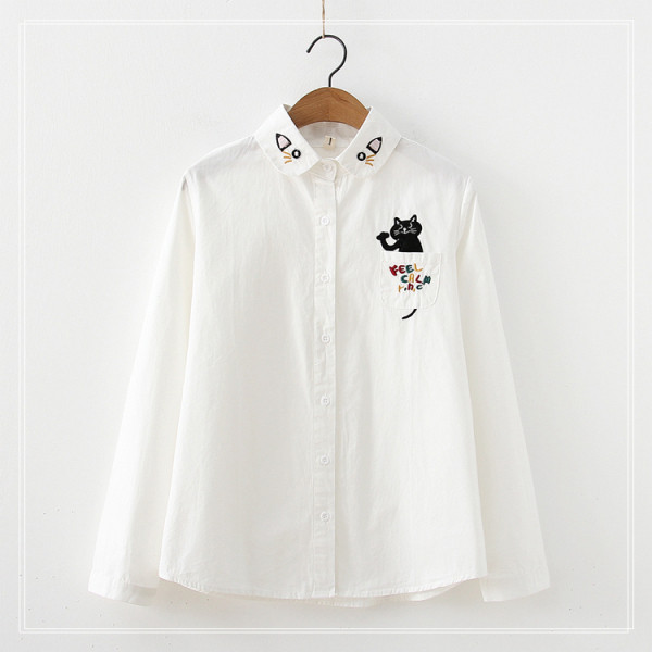 Női ing macskahímzéssel és zsebbel