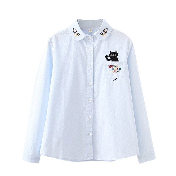 Női ing macskahímzéssel és zsebbel