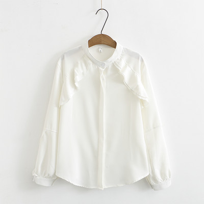 Naiste vabaaja särk nööpide ja pikkade varrukatega valge ja sinine