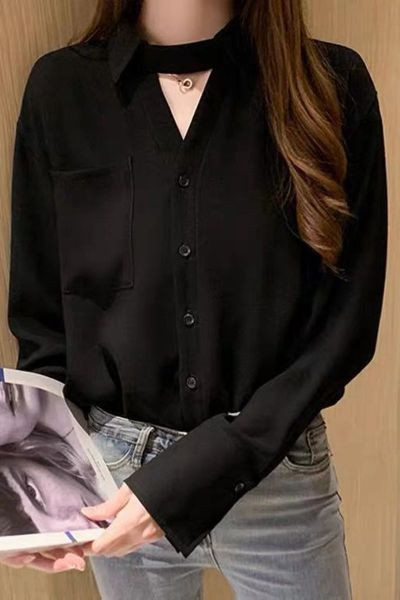 Γυναικείο πουκάμισο μοντέρνο με κουμπιά σε μαύρο χρώμα