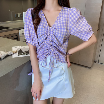 Μοντέρνο γυναικείο καρό πουκάμισο με κορδόνια και φαρδιά μανίκια