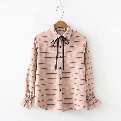Карирана дамска риза с лотос ръкав и връзки