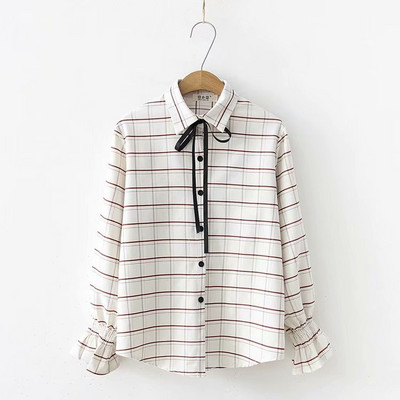 Карирана дамска риза с лотос ръкав и връзки