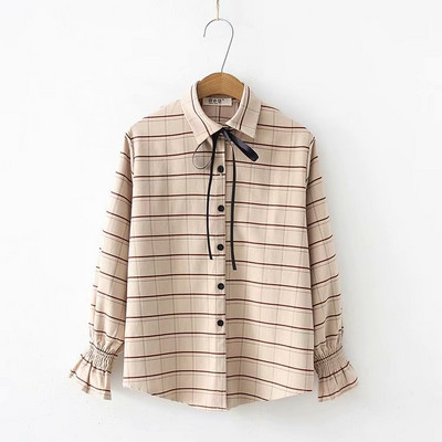 Карирана дамска риза с лотос ръкав и връзки