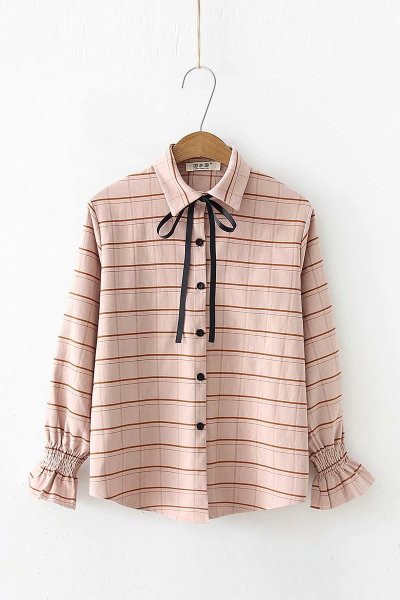 Карирана дамска риза с лотос ръкав и връзки