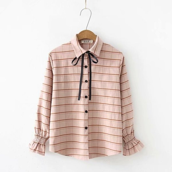 Карирана дамска риза с лотос ръкав и връзки