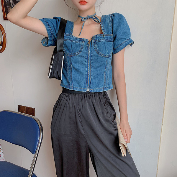 Női farmer ing cipzárral és szögletes nyakkivágással