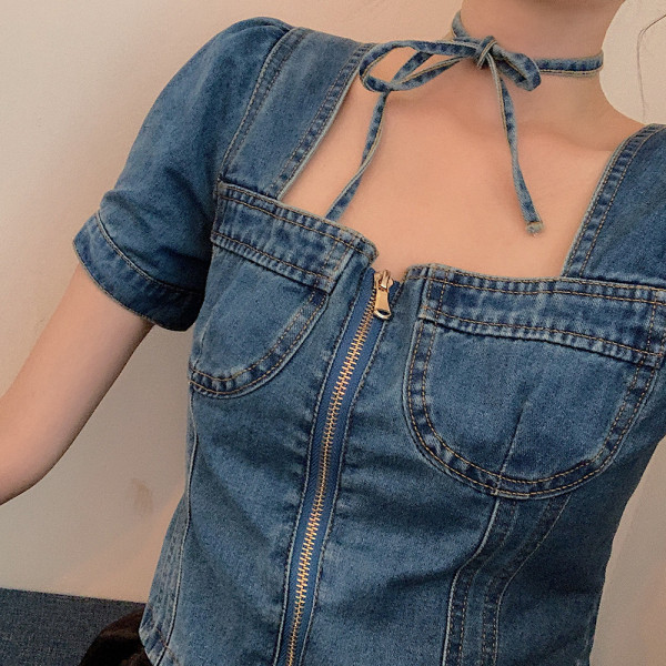 Női farmer ing cipzárral és szögletes nyakkivágással