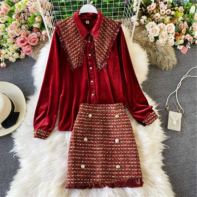 Stílusos női ing és szoknya szett piros és fekete színben