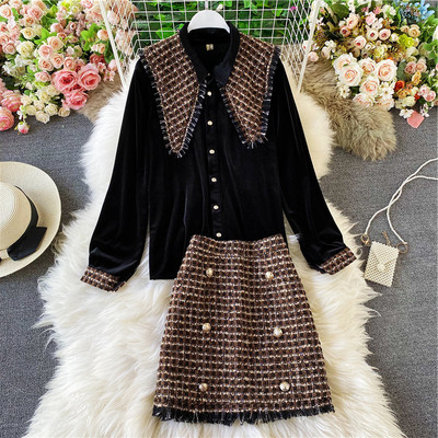 Stílusos női ing és szoknya szett piros és fekete színben