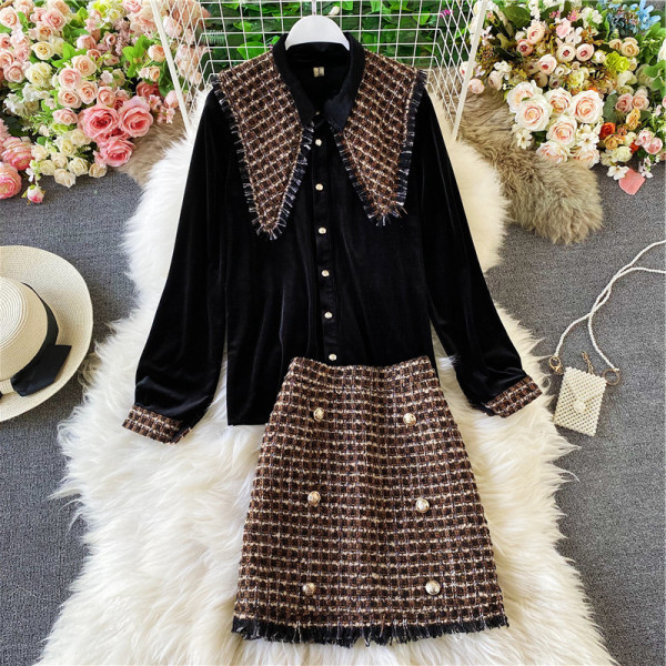 Stílusos női ing és szoknya szett piros és fekete színben