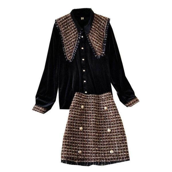 Stílusos női ing és szoknya szett piros és fekete színben