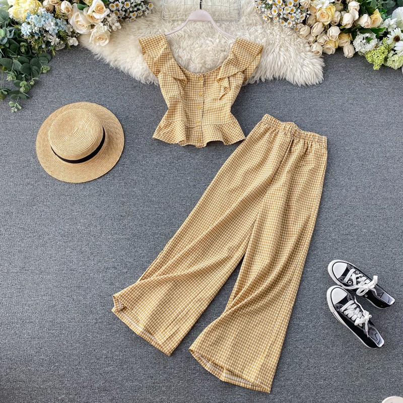 Καρό γυναικείο σετ αμάνικο και φαρδιά παντελόνι