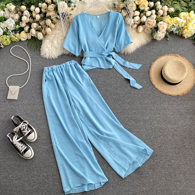 Νέο μοντέλο γυναικείο σετ μπλούζα με λαιμόκοψη και φαρδύ παντελόνι