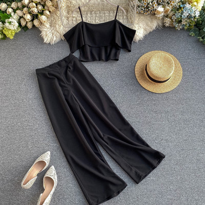 Κομψό γυναικείο σετ μπλούζα + φαρδύ παντελόνι