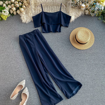 Κομψό γυναικείο σετ μπλούζα + φαρδύ παντελόνι