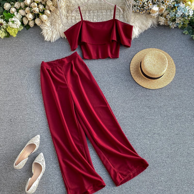 Κομψό γυναικείο σετ μπλούζα + φαρδύ παντελόνι