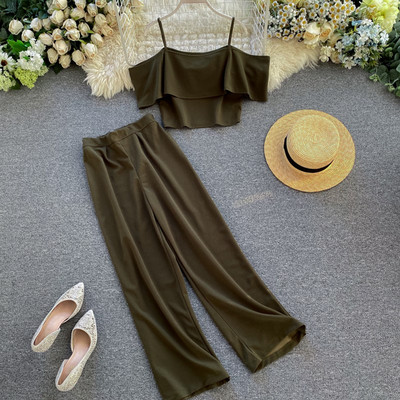 Κομψό γυναικείο σετ μπλούζα + φαρδύ παντελόνι