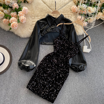 Moderan ženski komplet kratke košulje i haljine sa šljokicama